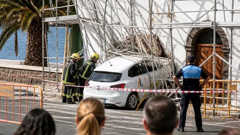 Un coche embiste el andamiaje de la ermita de San Telmo en Santa Cruz de Tenerife y sus ocupantes huyen